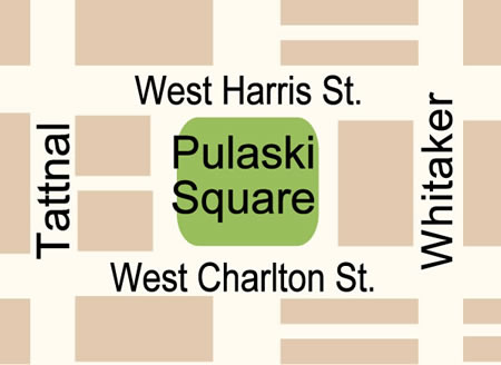 Pulaski Square Map in Savannah, GA. 