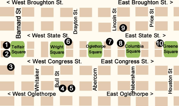 Fun things to do in Savannah : Telfair Square To Greene Square Map in Savannah GA.